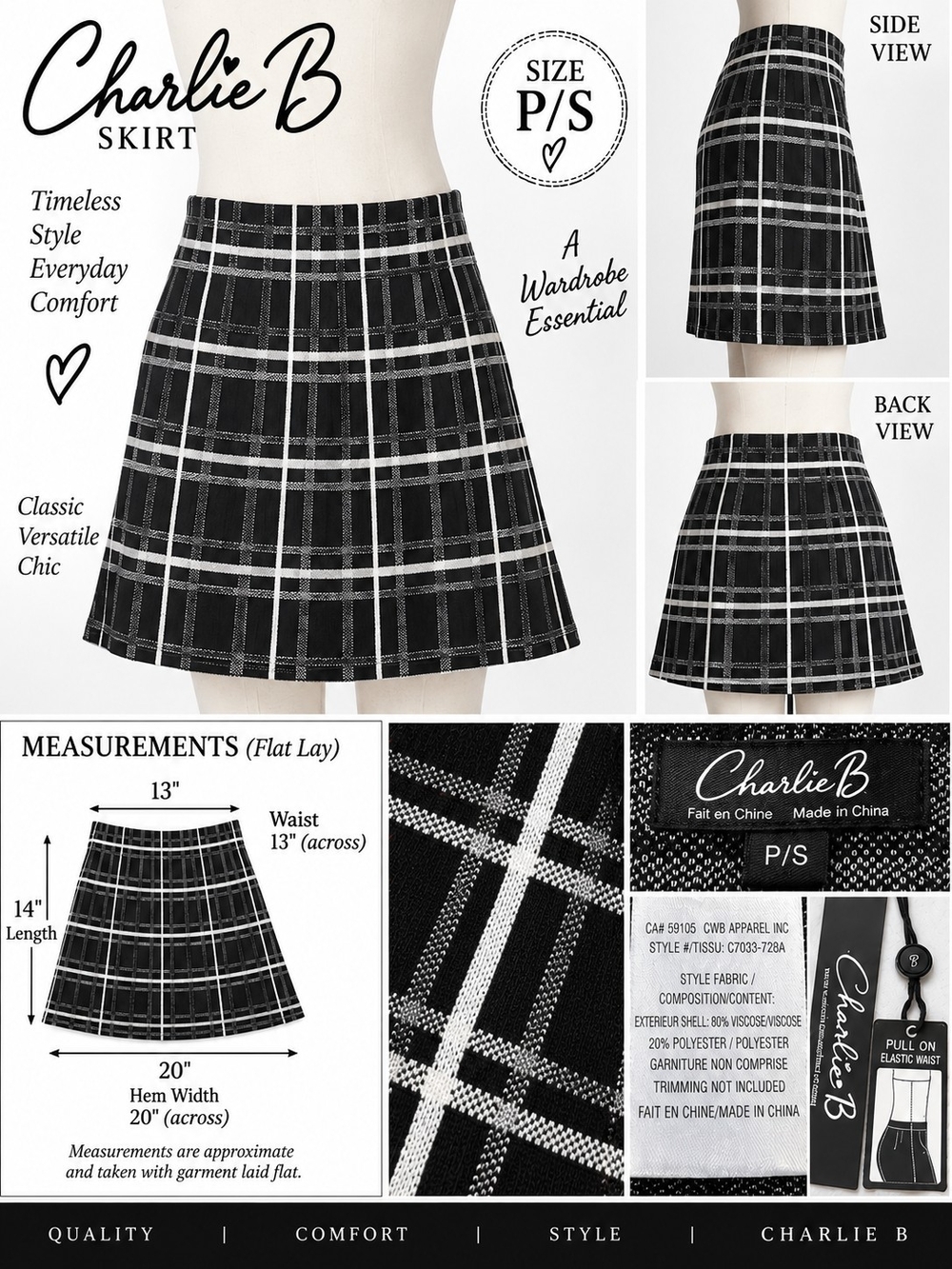 Charlie B P/S Black & White Plaid A-Line Skirt